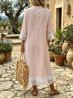 Romantic Lace Trim V Neck Tie Waist Linen Midi Dress With Pockets