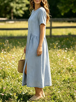 Women's Solid Crew Neck Diagonal Button Slit Short Sleeve Linen Midi Dress