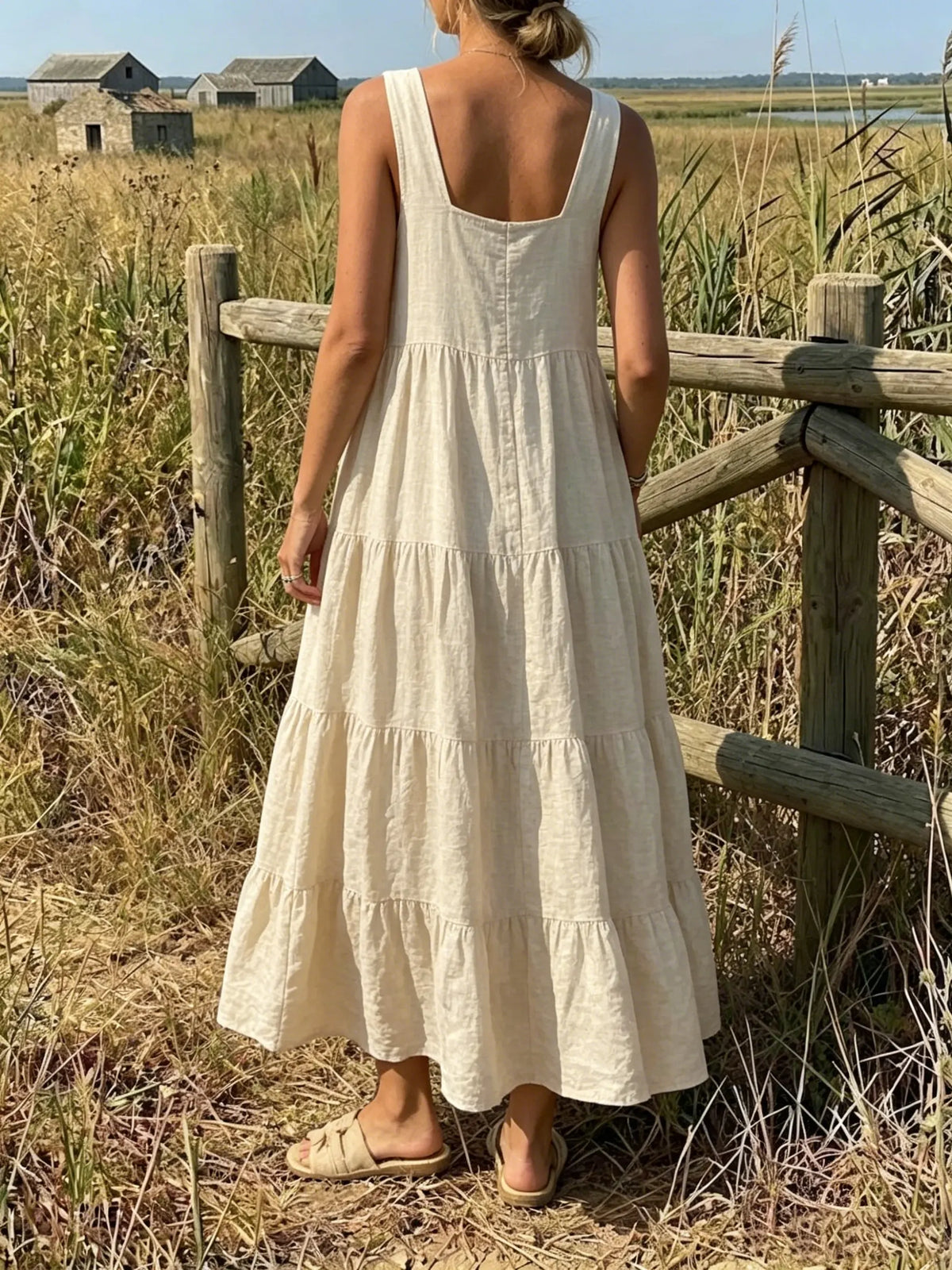 Soft Wheat Sleeveless Tiered Button-Front Dress