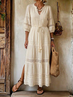 Women's Boho Lace Tiered Cotton Linen Midi Dress With Waist Drawstring