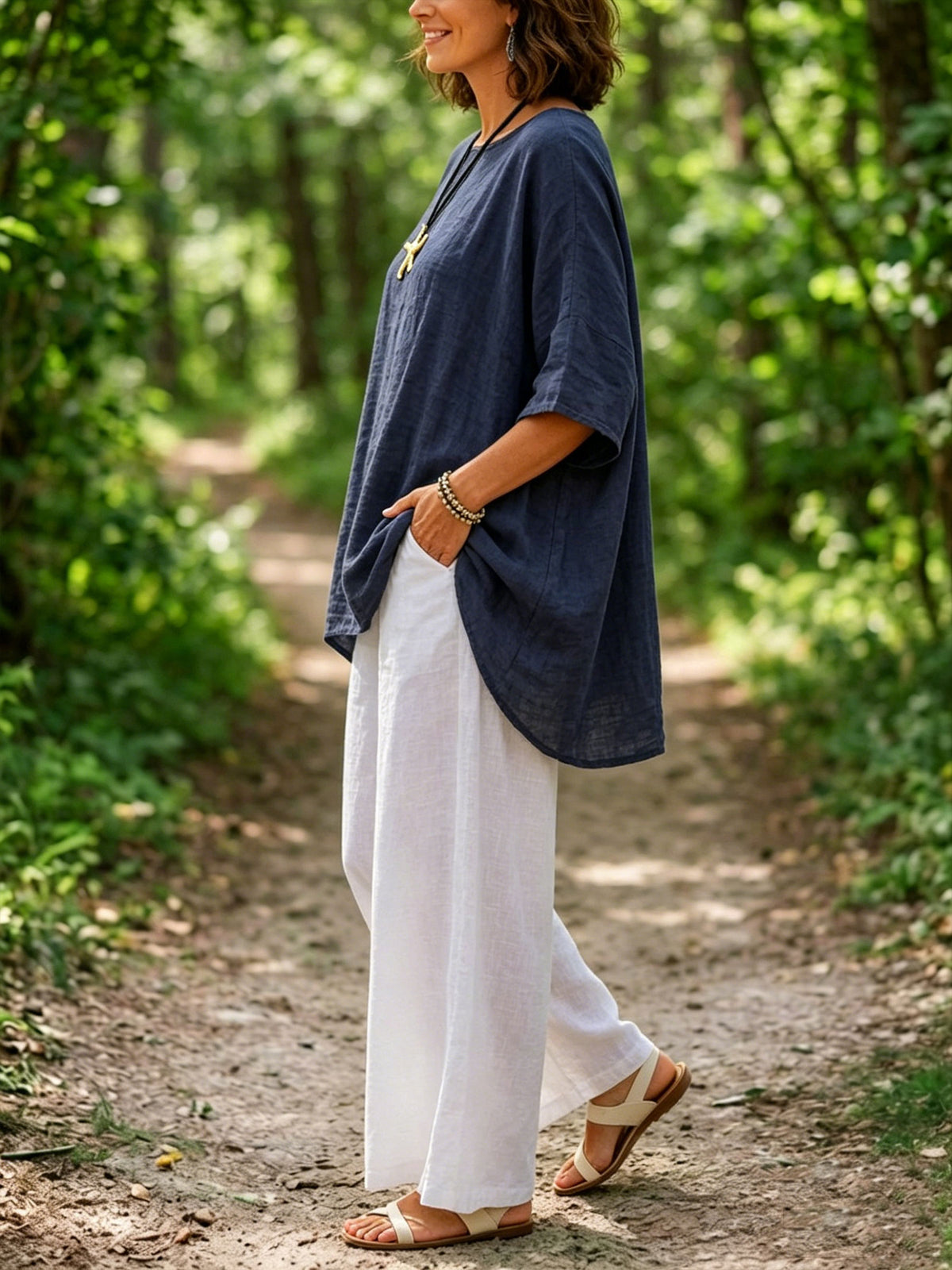 Womens Navy Irregular Hem Linen Top & White Wide Leg Pants Two Piece Matching Set