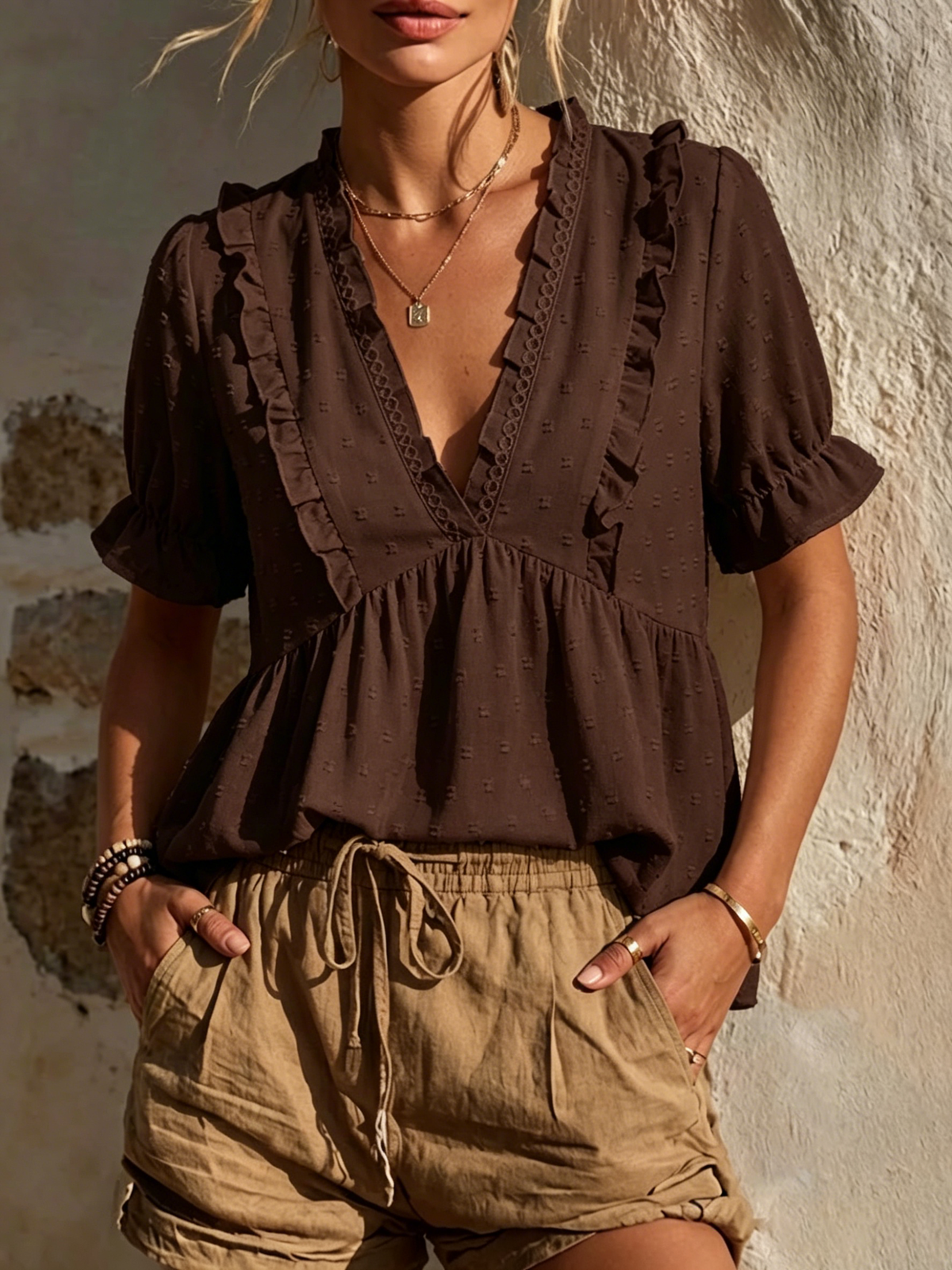 Casual Resort-style Textured Shirt With Ruffle Details