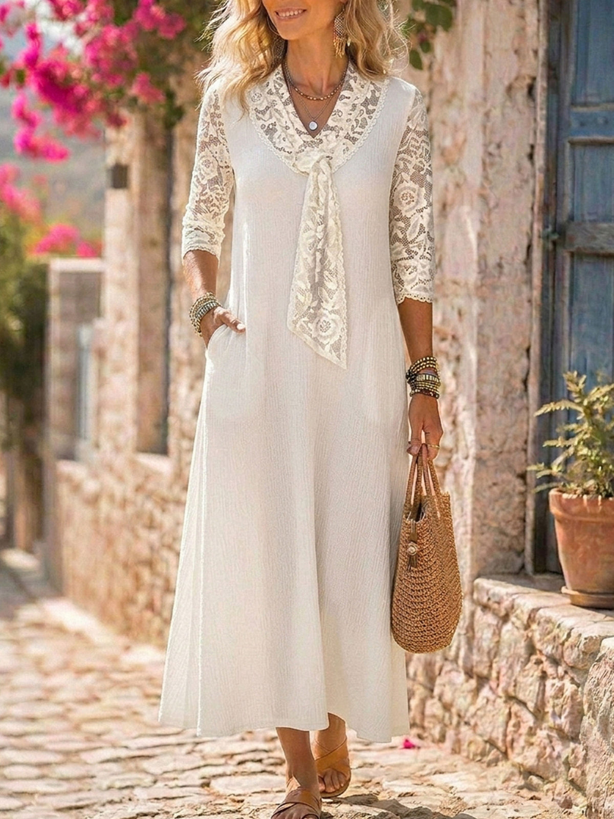 Women’s Cotton Lace Spliced Tie V Neck Cotton Midi Dress With Pockets
