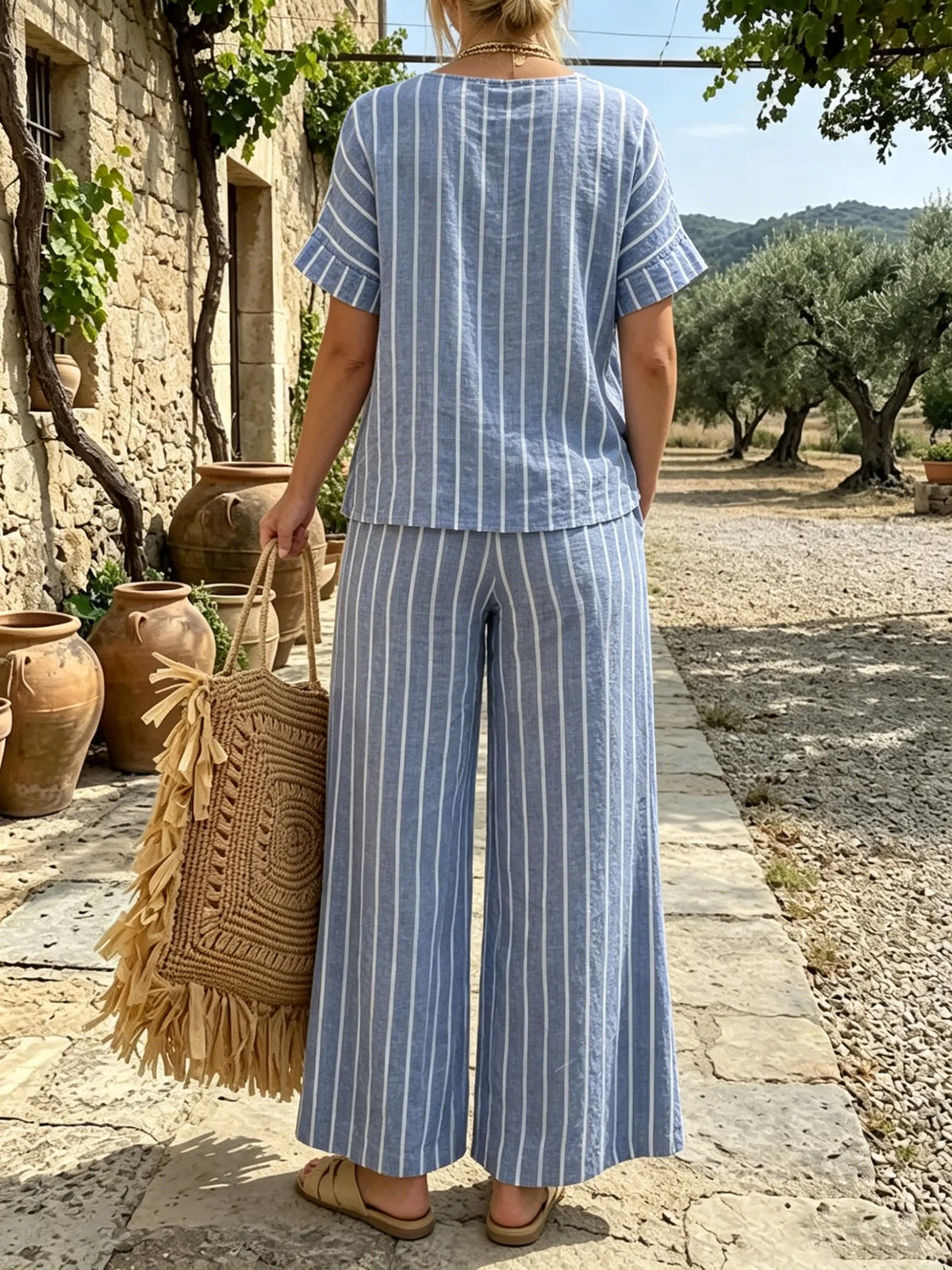 Women's Blue Striped Linen-Blend Set