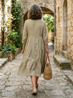 Women's Solid Mandarin Collar Half Placket 3/4 Sleeve Tiered Linen Midi Dress