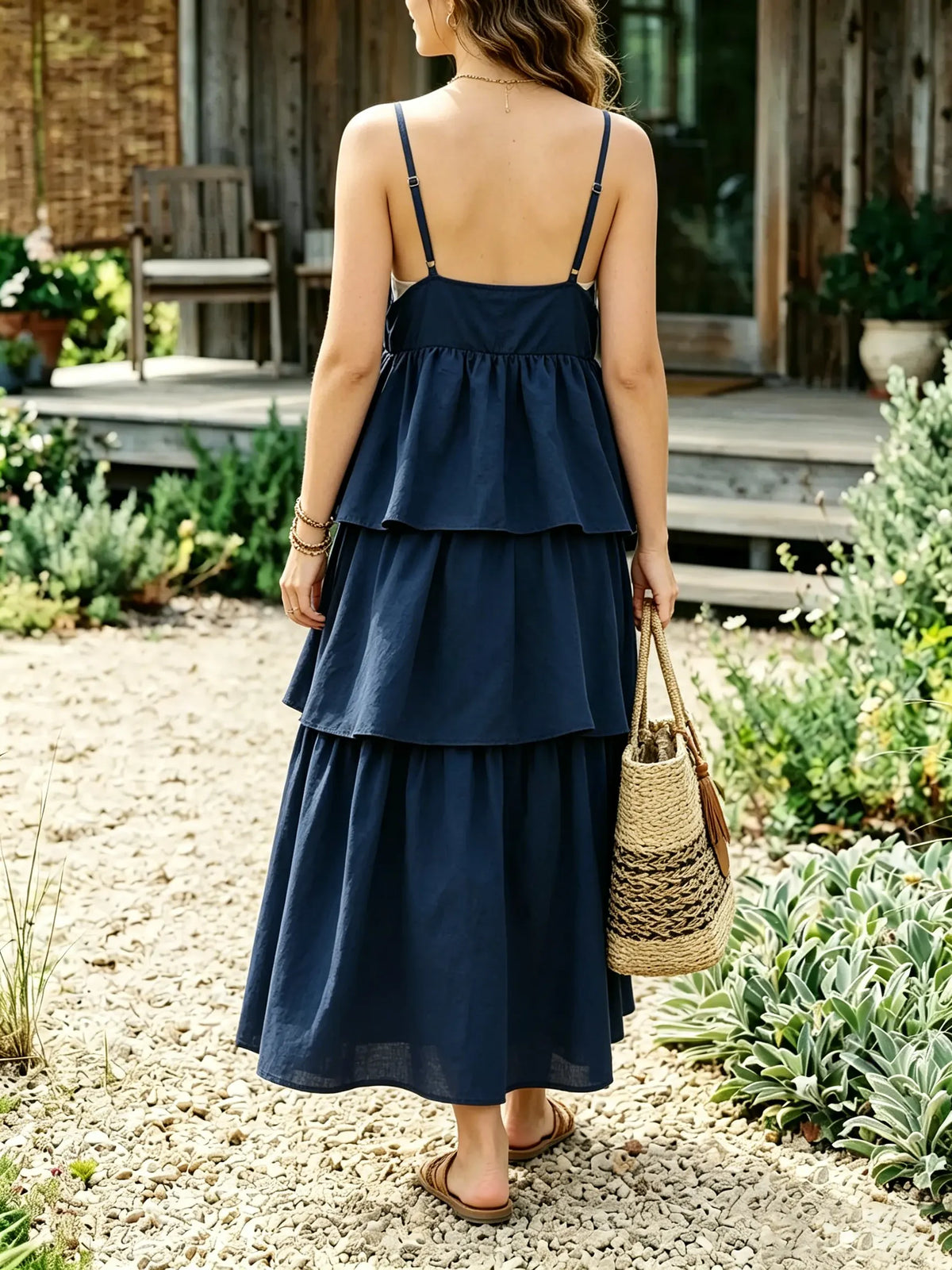 Solid Waist Tiered Ruffle V Neck Cami Midi Dress