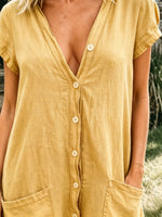 Women’s Summer Cotton And Linen Casual Short Sleeve Cotton And Linen Pocket Jumpsuit