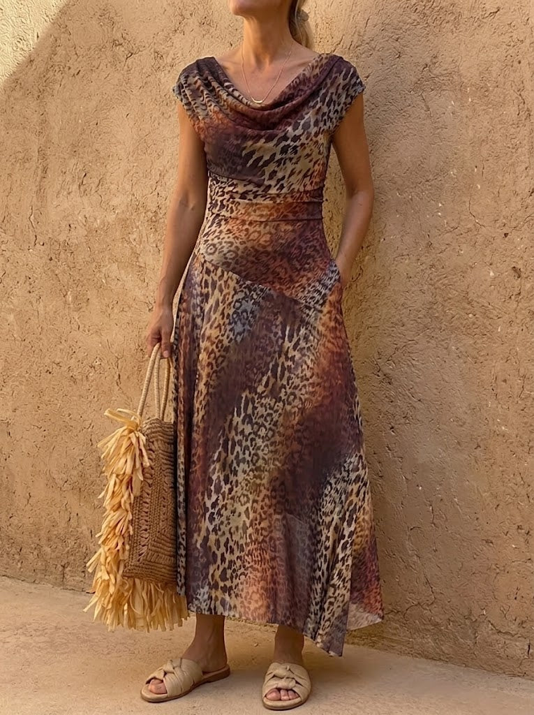Women's Cowl Neck Leopard Midi Dress