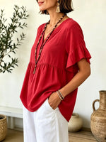 Women Solid Notch Neck Gathered Ruffle Short Sleeve Blouse