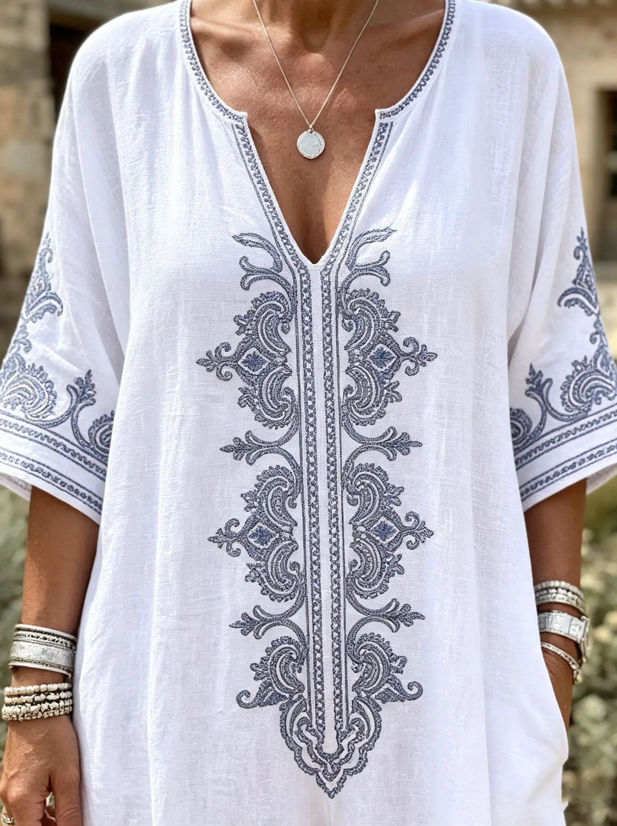 Boho Linen V Neck 3/4 Sleeve Pocket Jumpsuit