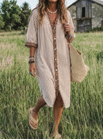 Prairie Stripe Leopard-Trim Shirt Dress