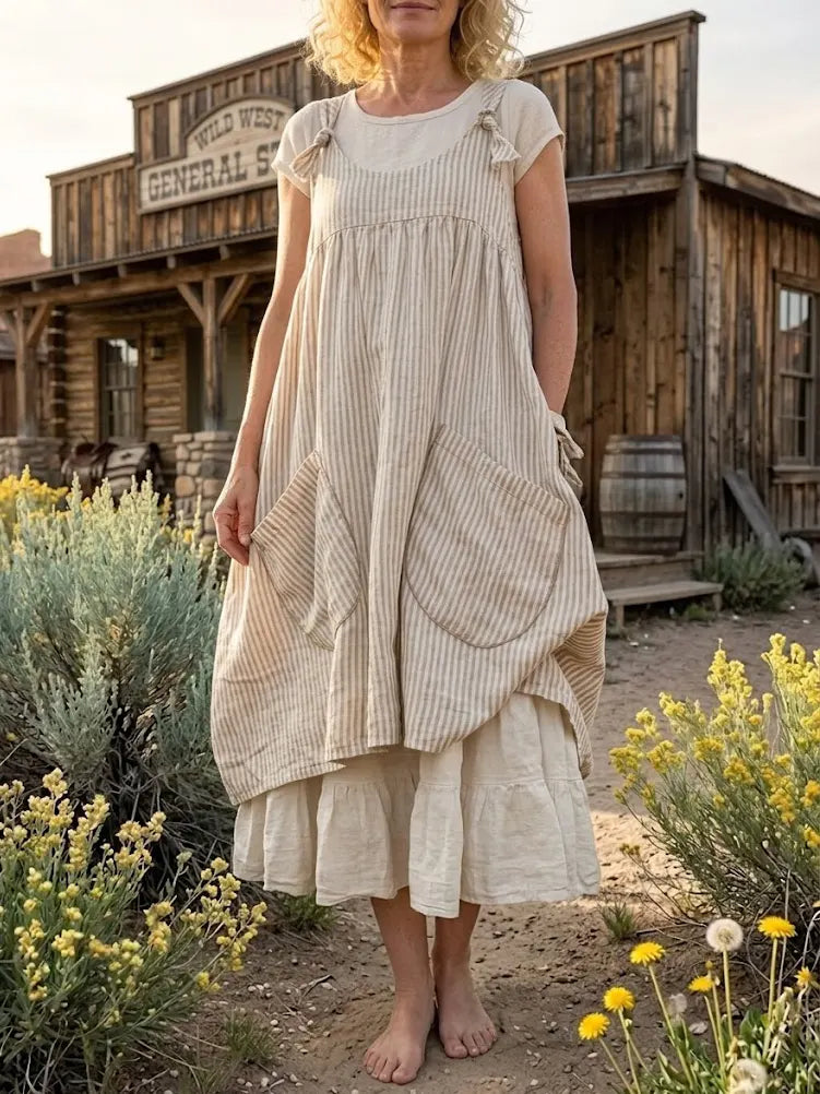 Women's Striped Linen Spaghetti Strap Layered Pocket Dres