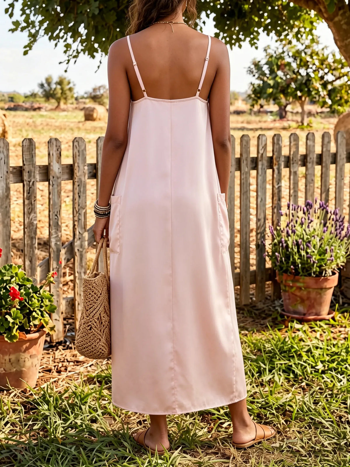 Women Solid Lace Trim V Neck Front Tie Pocket Slip Midi Dress