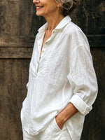 Women’s Half Button Collared Linen Blouse, Roll Up Long Sleeve Relaxed Pocket Shirt