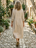 Women's Solid-color Cotton-linen Midi Dress With Partial Button Placket And Fitted Waist