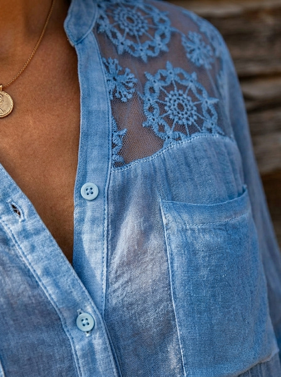 Women’s Chambray Sheer Floral Lace Shoulder Button Down Long Sleeve Shirt