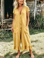 Women’s Summer Cotton And Linen Casual Short Sleeve Cotton And Linen Pocket Jumpsuit