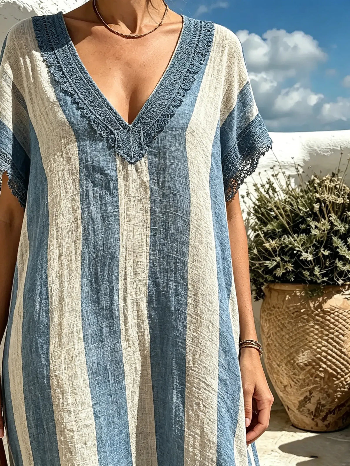 Women Blue White Vertical Stripe Lace Trim V-Neck Loose Maxi Dress