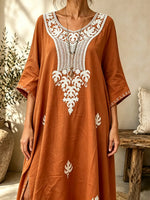 Women Floral Leaf Embroidery 3/4 Sleeve Loose Maxi Dress