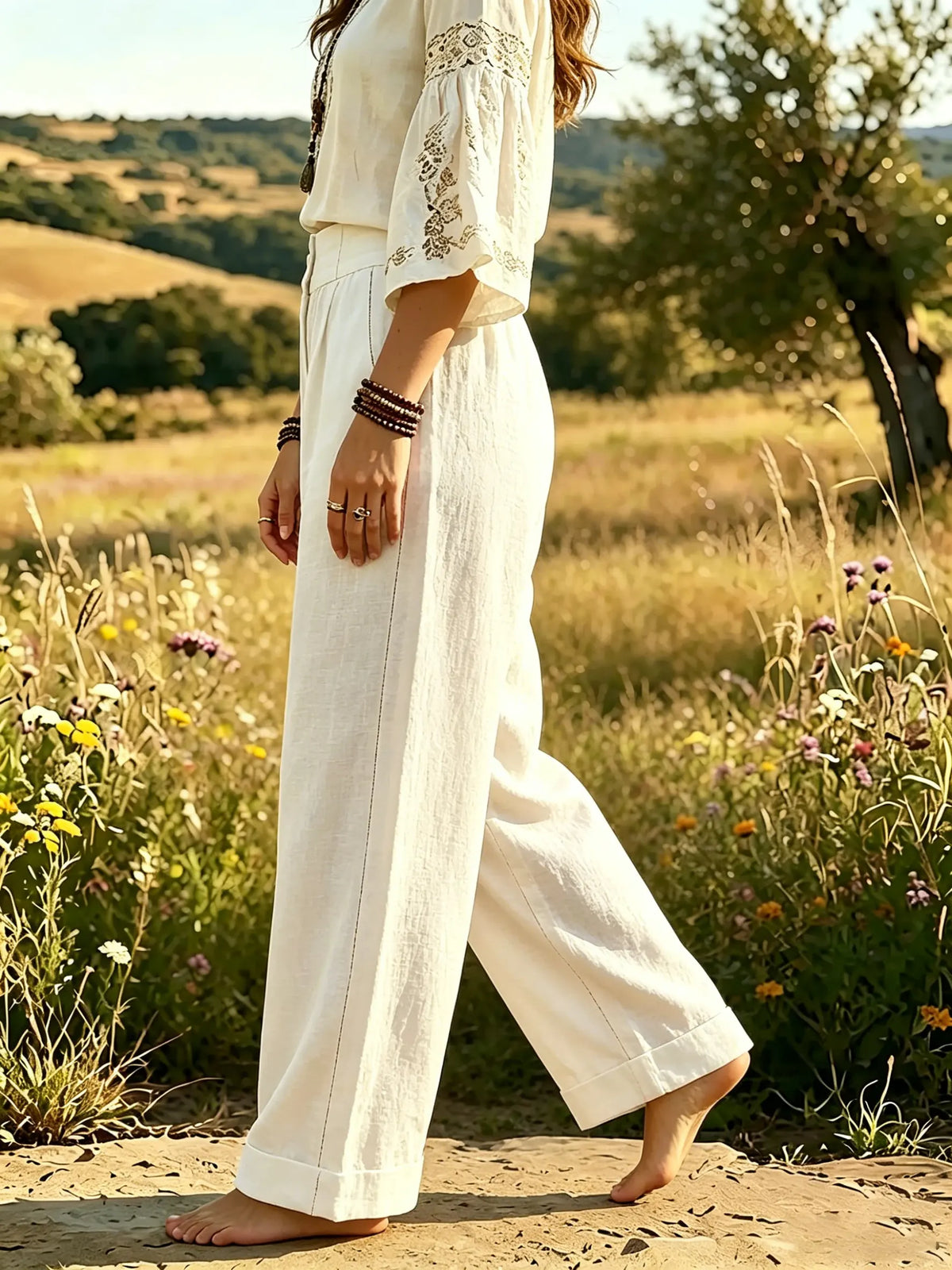 Women's Solid Textured High Waist Cuffed Straight Linen Trousers 10