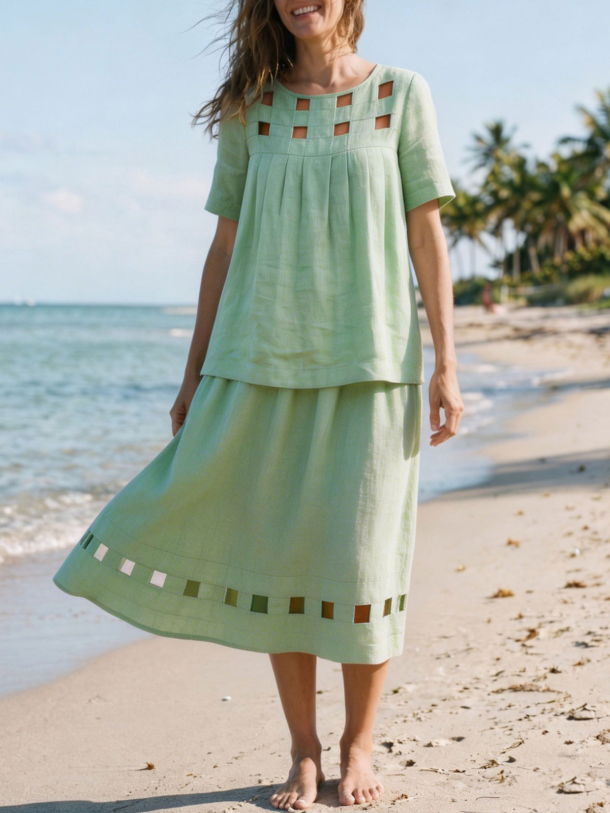 Womens Square Cutout Cotton Linen Two Piece Skirt Set