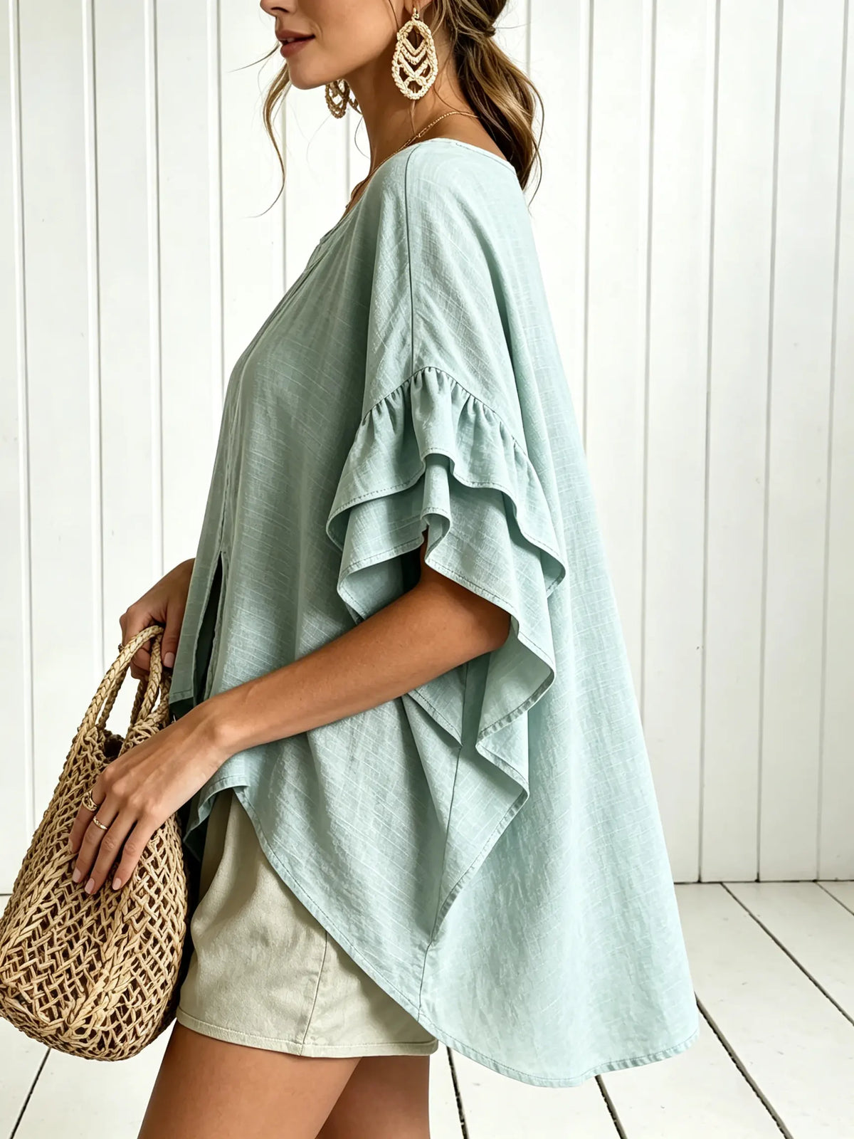 Women Solid Ruffle Batwing Sleeve Loose Blouse