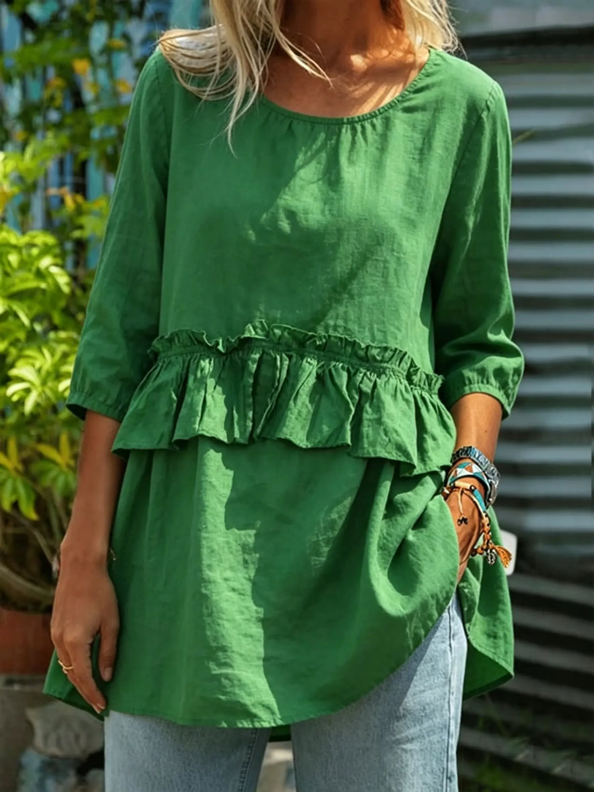 Women Solid Waist Ruffle Loose 3/4 Sleeve Tunic Top