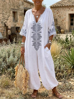 Boho Linen V Neck 3/4 Sleeve Pocket Jumpsuit