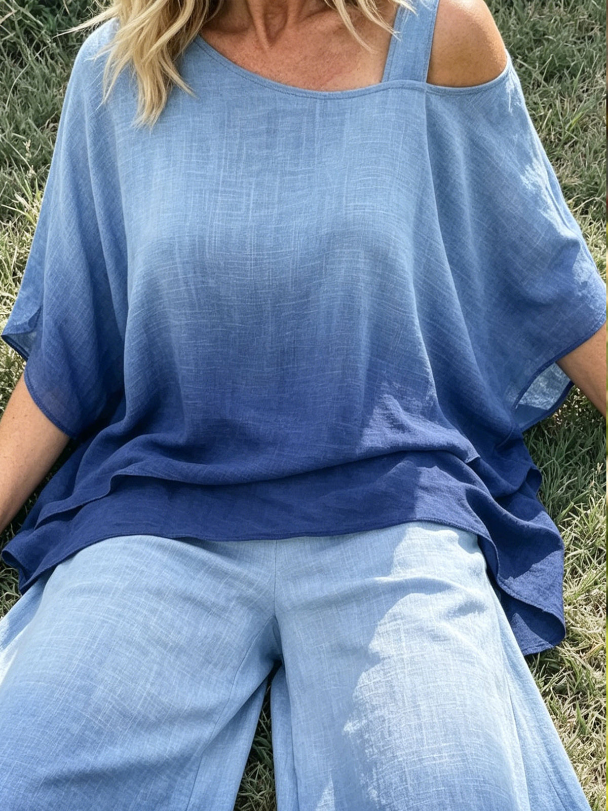Womens Gradient Blue Cold Shoulder 2 Piece Linen Outfit Top & Wide Leg Pants Set