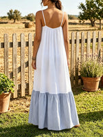 Women Solid Base Thin Vertical Stripe Patch Tiered Slip Maxi Dress