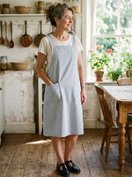 Women's Thin Vertical Stripe Shoulder Strap Pocket Sleeveless Apron Midi Dress