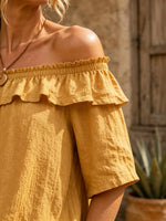 Women Solid Ruffle Off Shoulder Short Sleeve Top