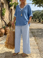 Women's V-Neck Top and Striped Pants Set