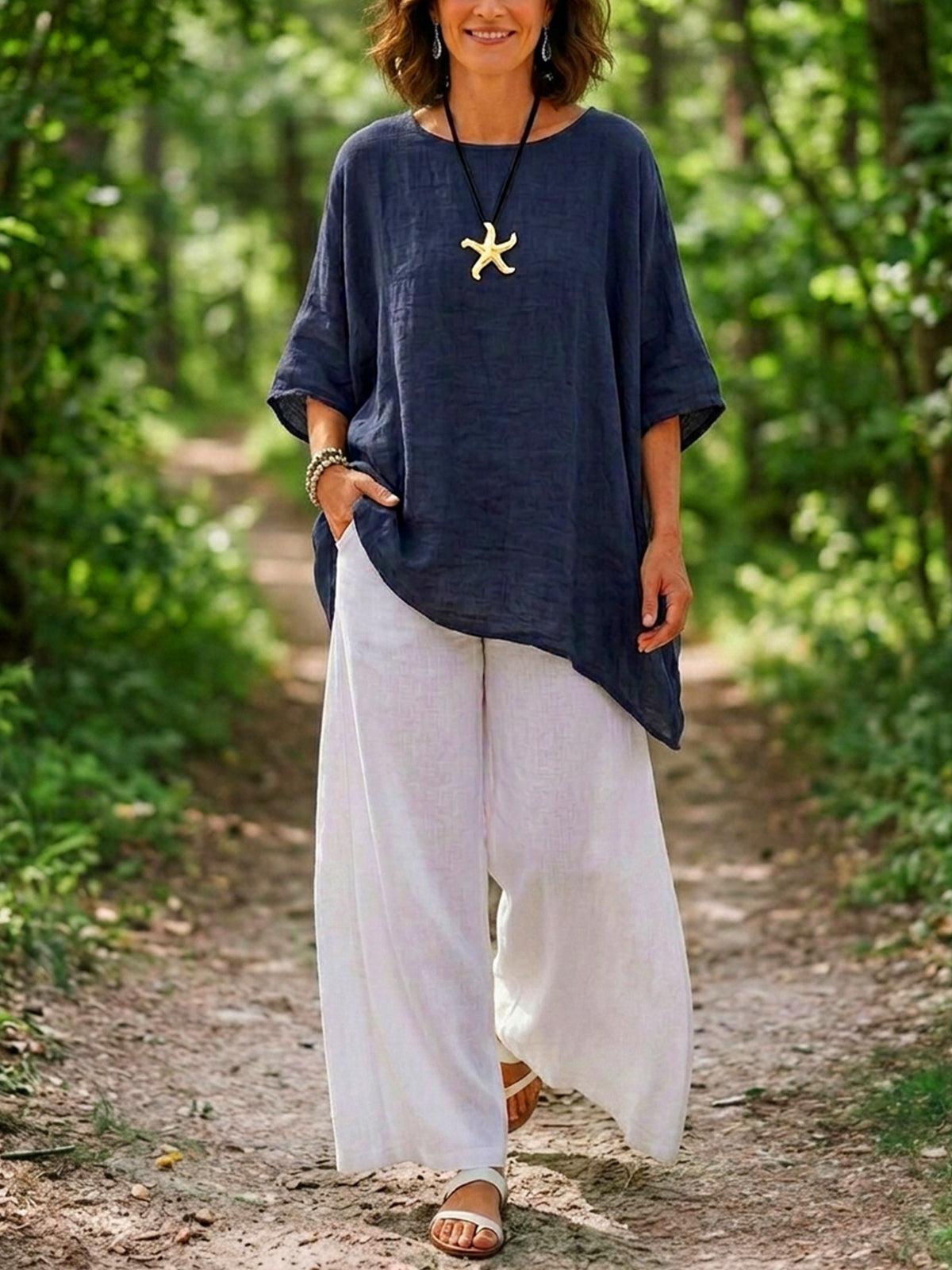 Womens Navy Irregular Hem Linen Top & White Wide Leg Pants Two Piece Matching Set