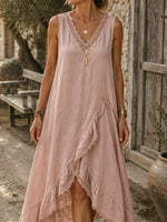 Women's Solid Crochet Lace Panel Irregular Ruffle Sleeveless Maxi Dress