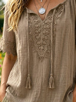 Women’s Flora V-Neck Tassel Lace Short Sleeve Crinkle Fabric Boho Blouse