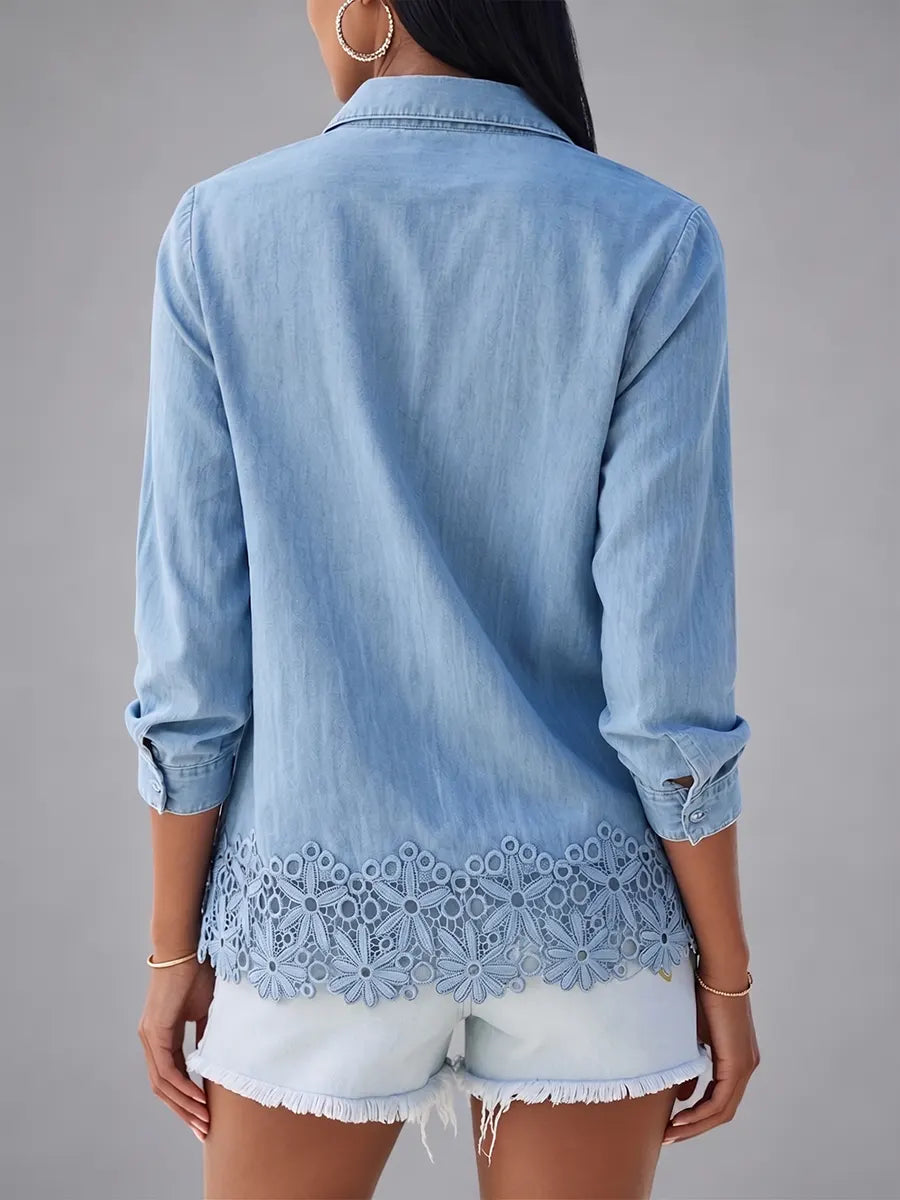Boho-Chic Comfortable Denim Lace Trim Button-Down Shirt