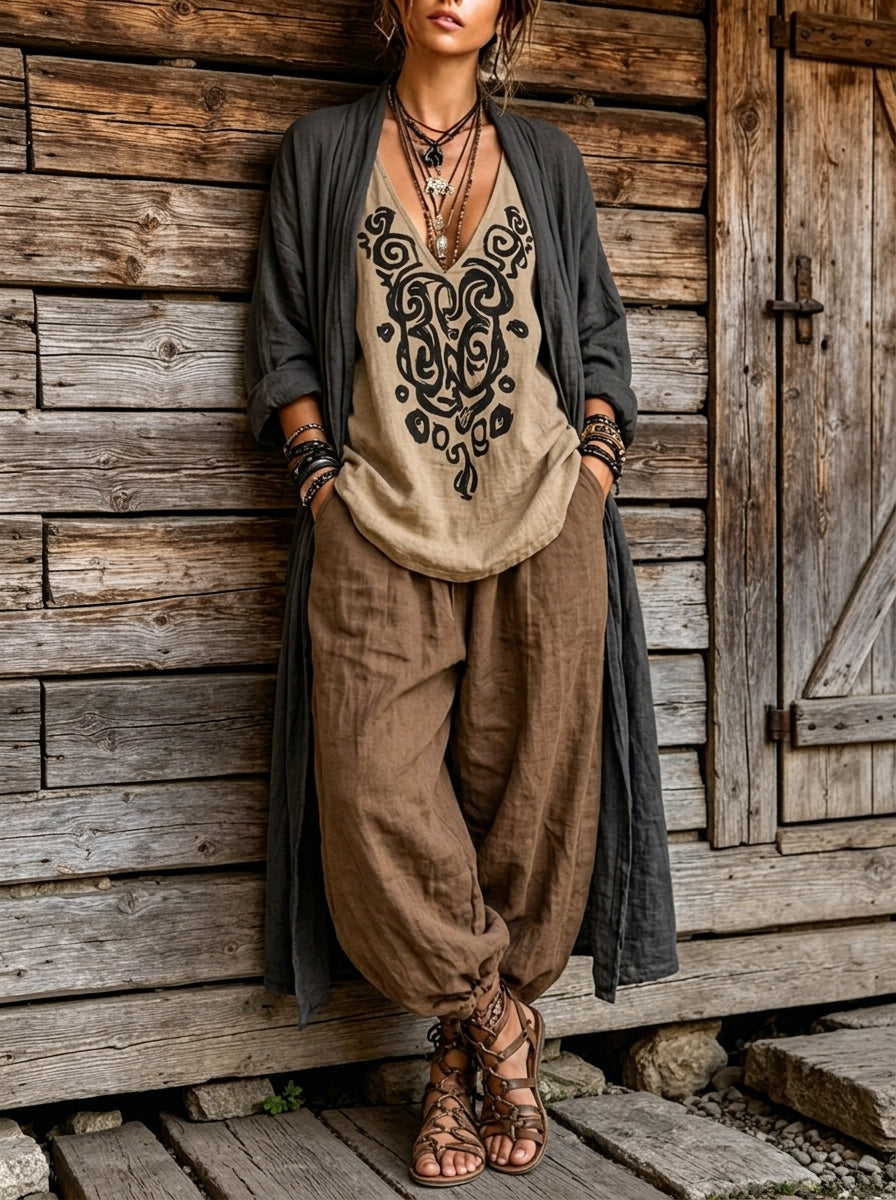 Womens Boho Printed Tank Long Cardigan & Harem Pants Linen Outfit 3 Piece Set