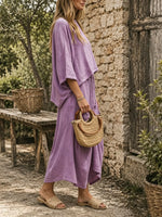 Women's Solid Textured Batwing Crop Top Drawstring Wide Leg Capri Pants Set