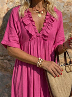 Women’s Ruffled V-Neck Side Slit Cotton Linen Maxi Dress