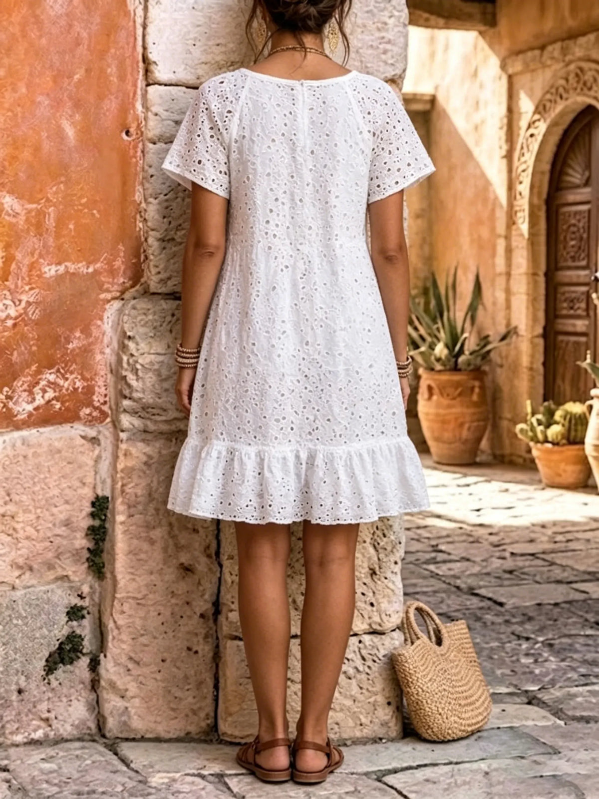 Women's White Eyelet Lace Ruffle Dress