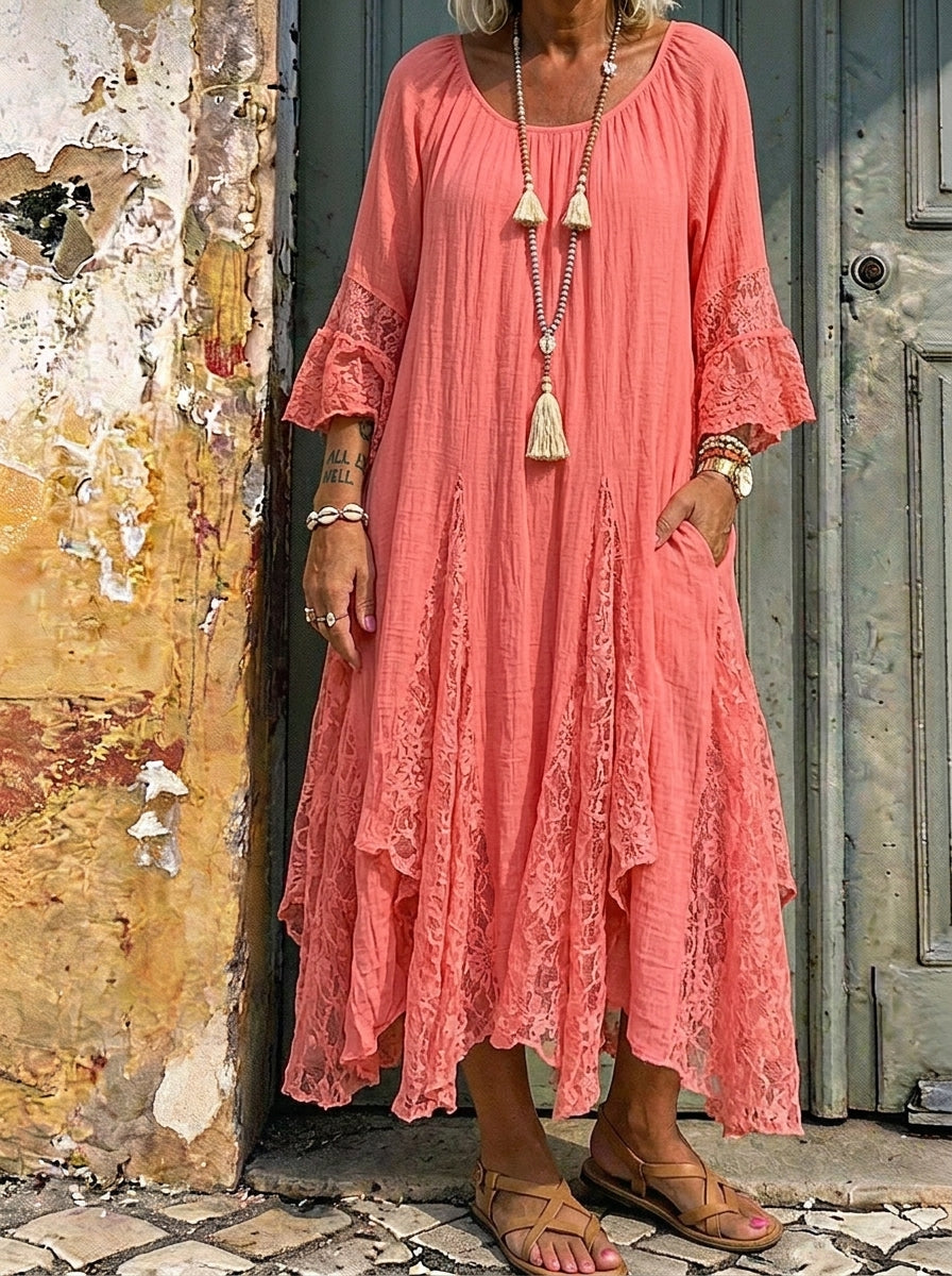 Women’s Lace Patch Flared Sleeve Cotton Linen Maxi Dress With Pockets