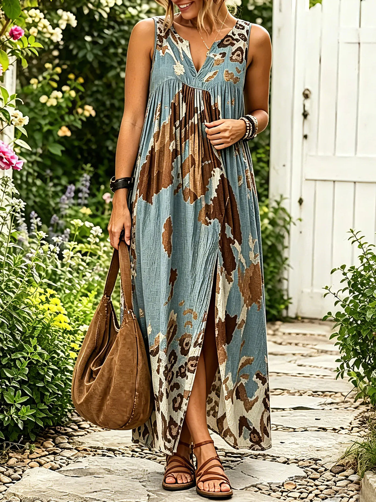 Women Vintage Abstract Leopard Print Sleeveless Split Maxi Dress