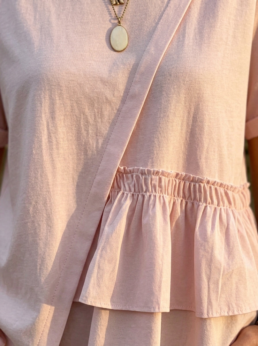 Women’s Round Neck Rolled Cuff Layered Ruffle Hem Casual Blouse