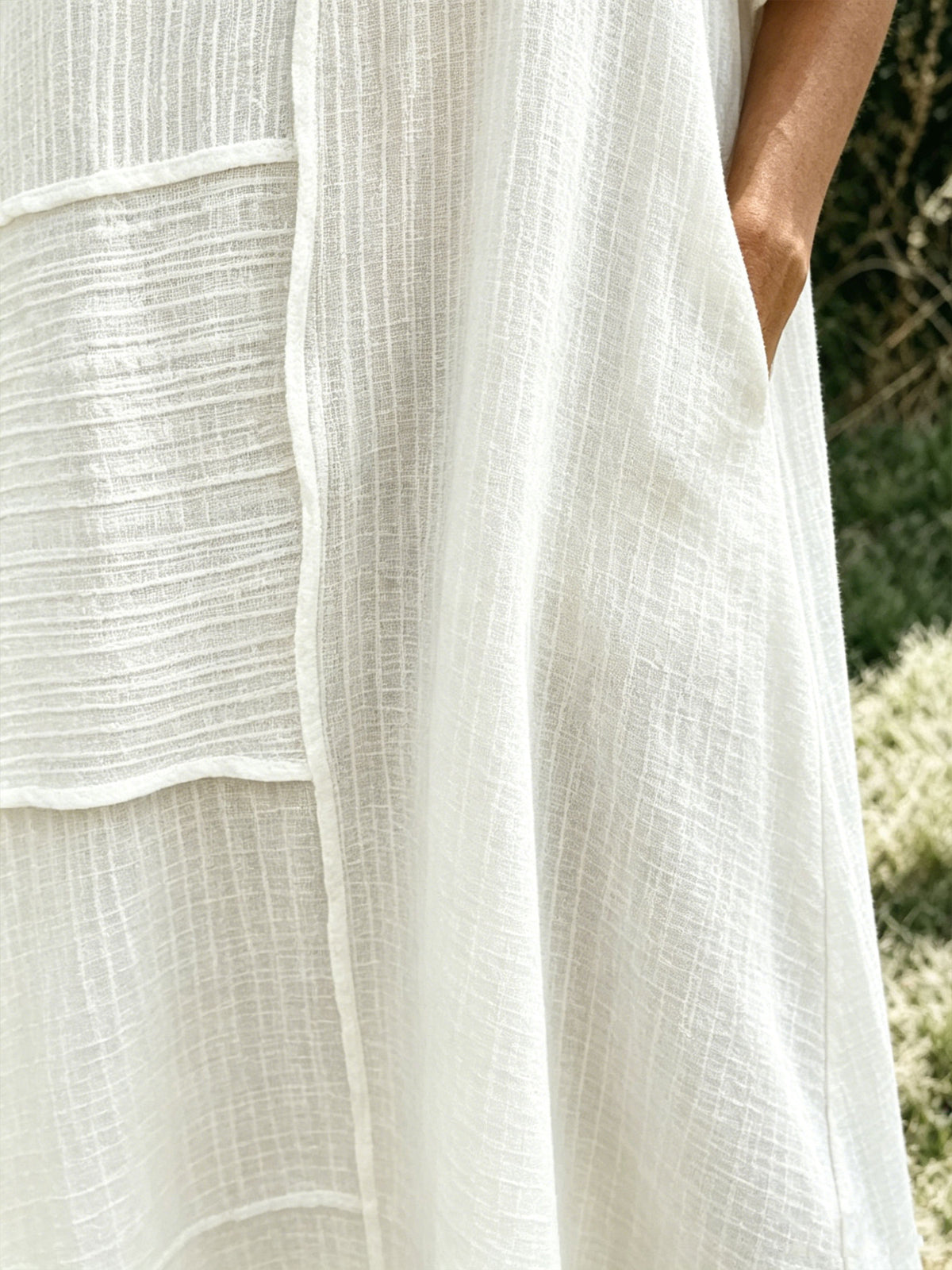 Women's White Textured Patchwork Linen Loose Short Sleeve Casual Dress With Pockets