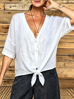 Casual V-Neck Front Tie Linen Shirt 5 Sleeve Textured Cropped Button Blouse