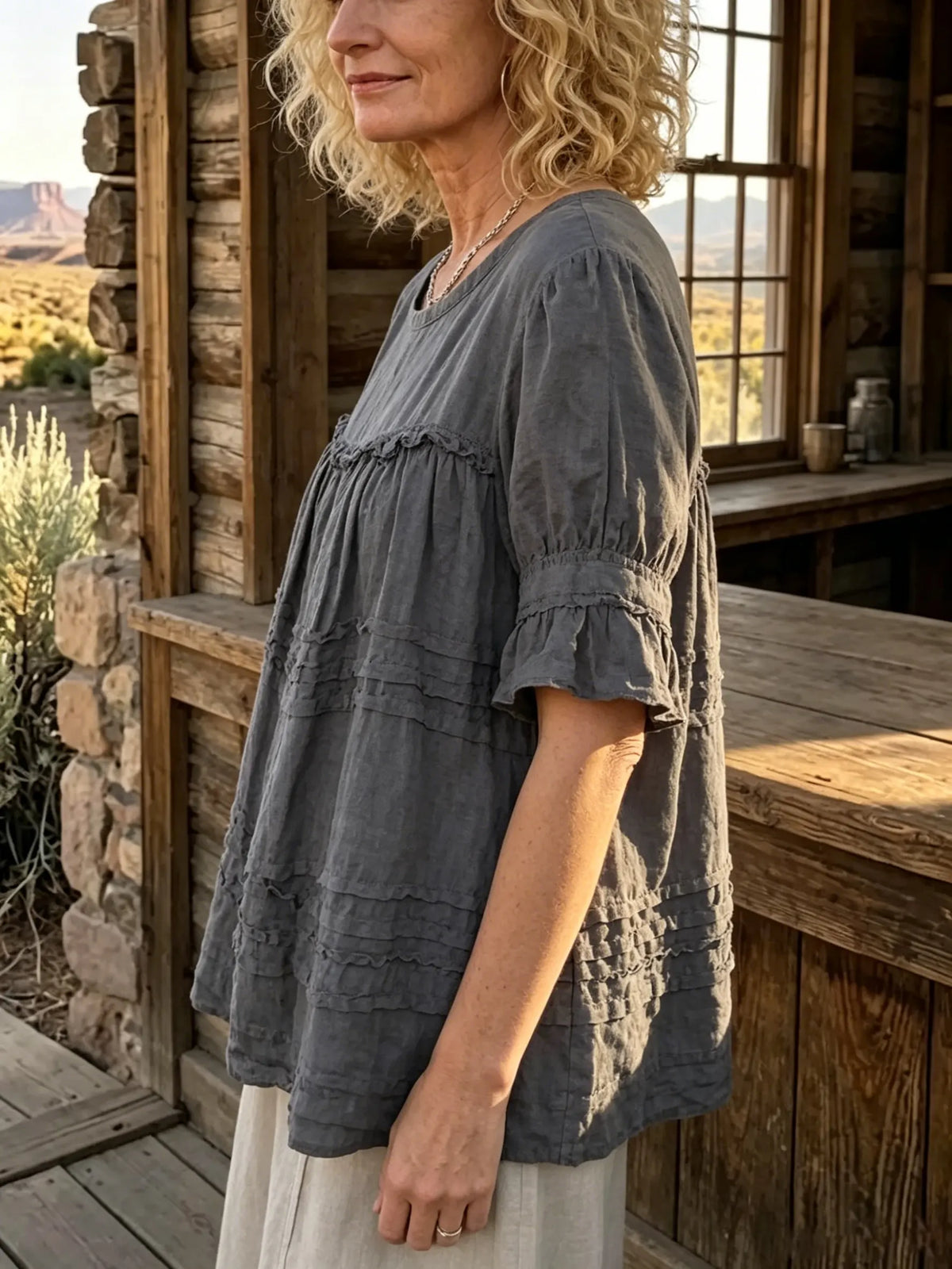 Women's Solid Raw Edge Tiered Ruffle Short Sleeve Linen Blouse