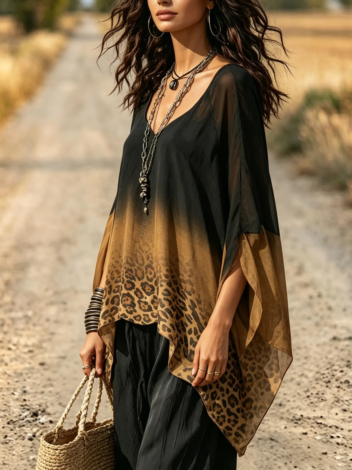 Women's Ombre Leopard Print Chiffon Batwing Sleeve Tunic Top