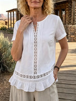 Women's Solid Lace Ruffle Hem Short Sleeve Linen Top