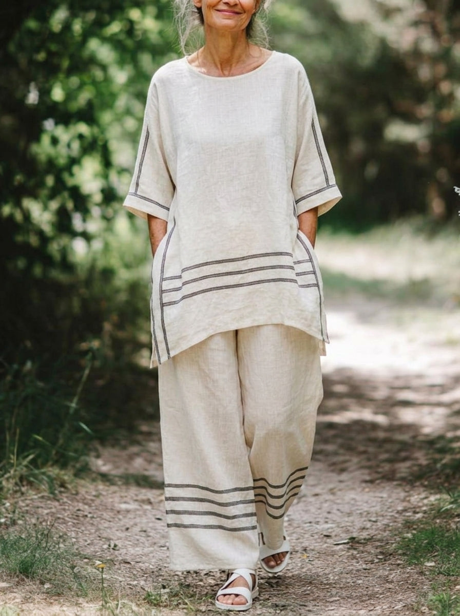 Womens’ Striped Linen Two Piece Outfit, Loose 3/4 Sleeve Top & Wide Leg Pants Matching Set With Pockets